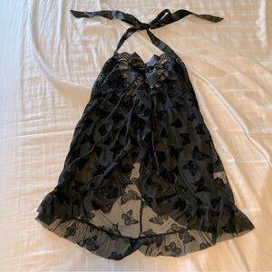 Avid Love lingerie black lace bow ribbon size L butterfly print ruffle lace